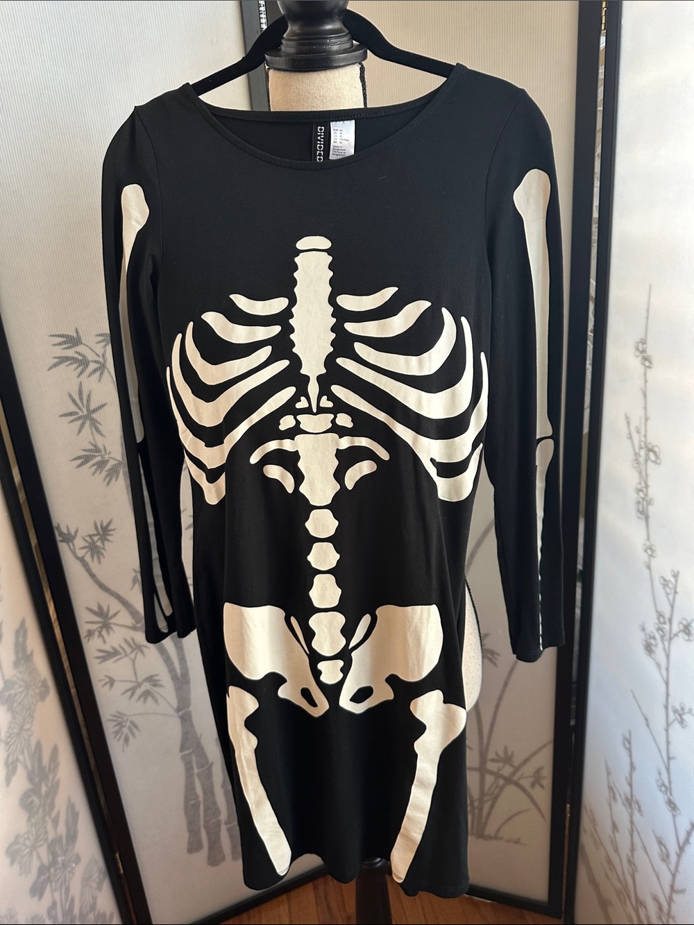 Divided Black Long-Sleeve Dress with White Skeleton Print